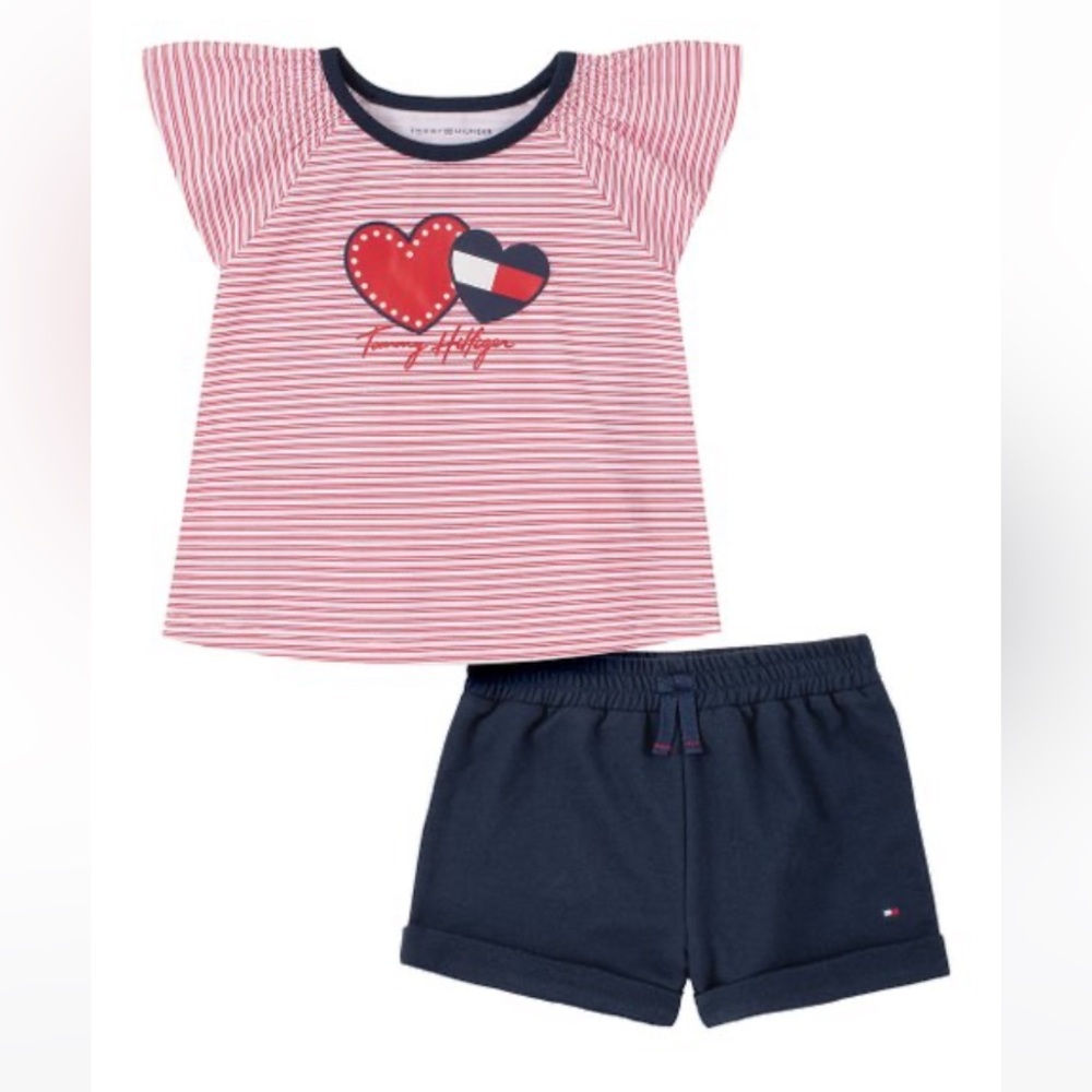 Tommy Hilfiger Pink Stripe Logo Angel-Sleeve Tee &
Navy Shorts Girls Size 5 NWT